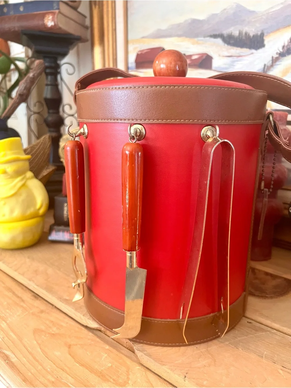 Vintage Mid Century MOD Goerges Briard RARE Red Faux Leather Ice Bucket & Tools